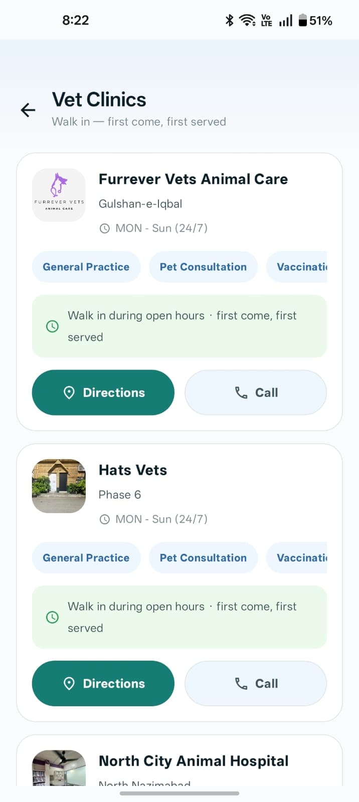 Vetline app screen listing nearby veterinary clinics with directions and call options
