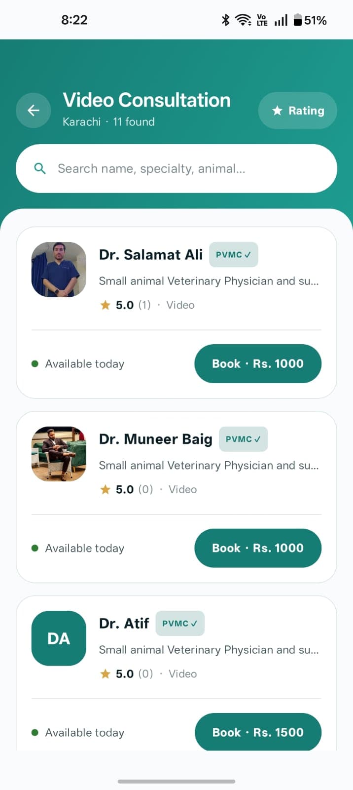 Vetline app screen listing veterinarians available for video consultation