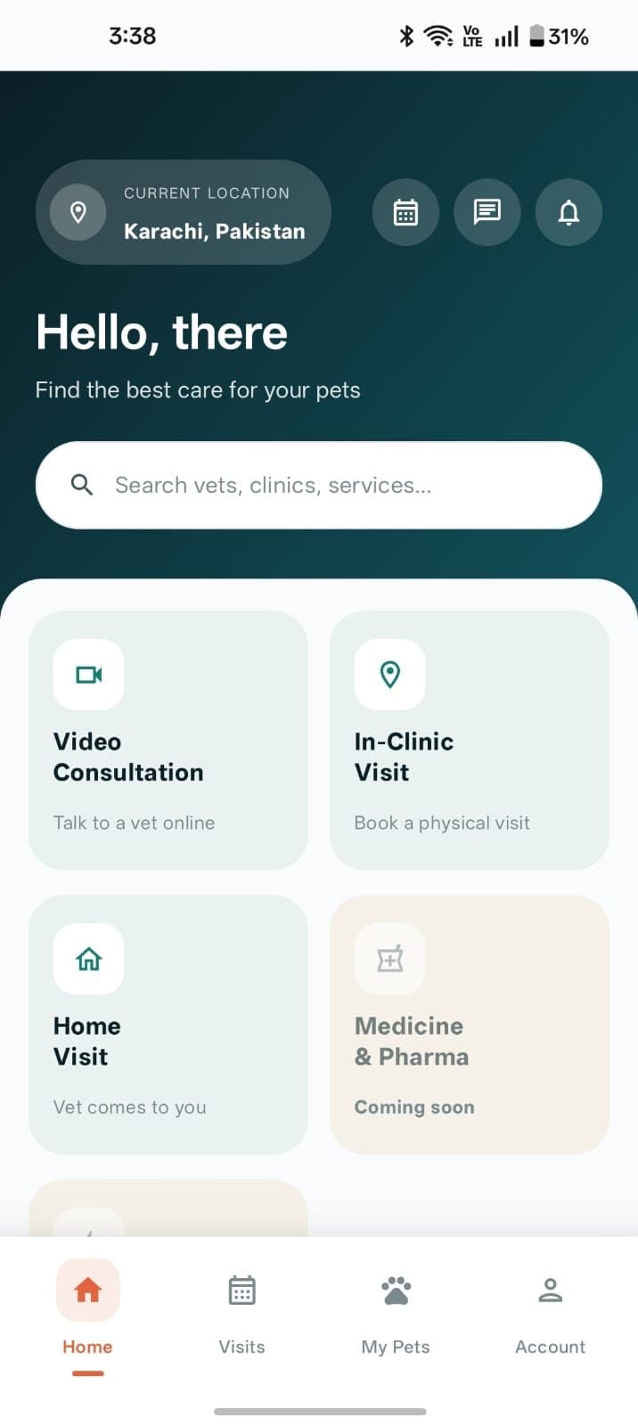 Vetline app home screen with video consultation, in-clinic visit and home visit options